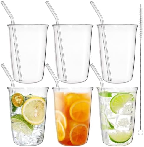 6 Pieces Drinking Glasses with Straw, 16 Oz Clear Water Glass Set