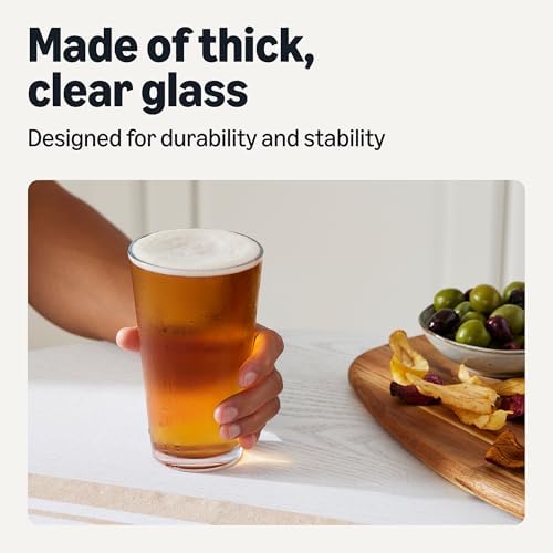 Amazon Basics Pint Glasses Set Of 4, 16 Oz Thick Clear Beer Drinking Glass, for Home Bar & Entertaining, Dishwasher-Safe