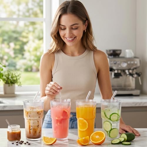 Wells 20oz Glass Cups with Lids and Straws, Ribbed Iced Coffee Cups, Thickened Drinking Glass Tumbler, Ideal for Coffee, Smoothies, Cocktails