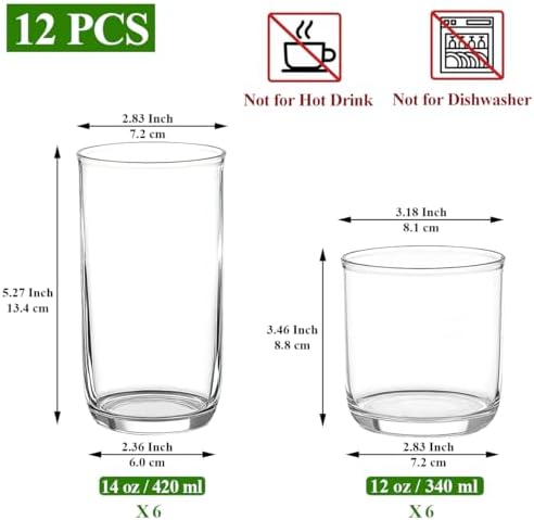 Kyraton Drinking Glasses Set of 12, PET Clear Plastic Highball Glasses 14oz & Whisky Cocktail Glasses Set 11.5oz