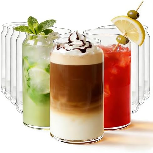 Etolies Drinking Glasses Set of 10, 17oz Can Shaped Glass Cups, Clear Highball Glasses, Cute Coffee Tumbler Glass, Ideal for Cocktails, Iced Coffee