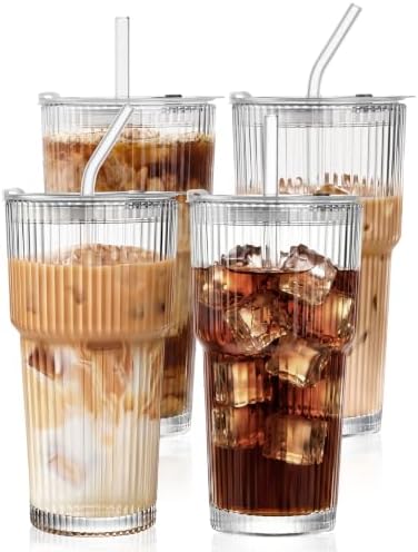 Amyoole 20 oz with Lids and Straws Ribbed Glass Cup Set of 4
