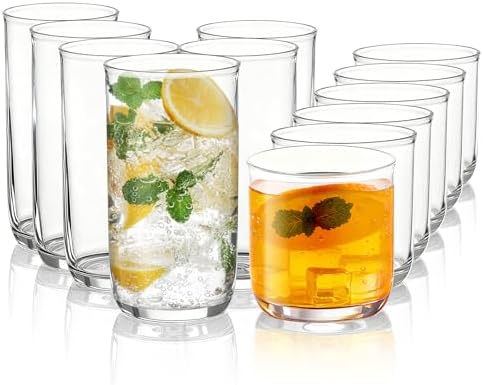 Kyraton Drinking Glasses Set of 12, PET Clear Plastic Highball Glasses 14oz & Whisky Cocktail Glasses Set 11.5oz