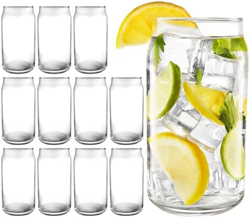 16 oz Can Shaped Glass Cups, Set of 12 Beer Can Glasses, Aesthetic Soda Can Cup Clear Glass Tumbler Beer Glasses, Cute Cups Tall Cocktail Drinkware