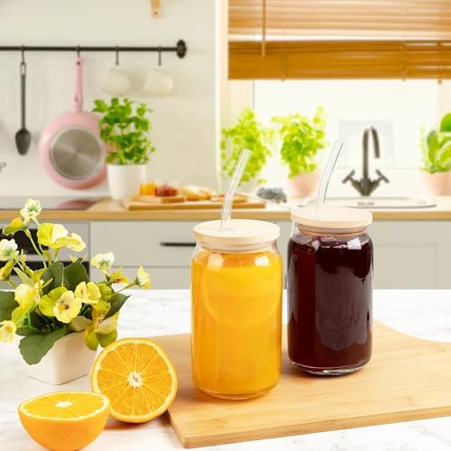 Glass Cups with Lids and Straws, 16 Oz - Set of 2 Reusable Iced Cold Coffee Tumblers - Clear Glass Bottle for Water with Bamboo Lids