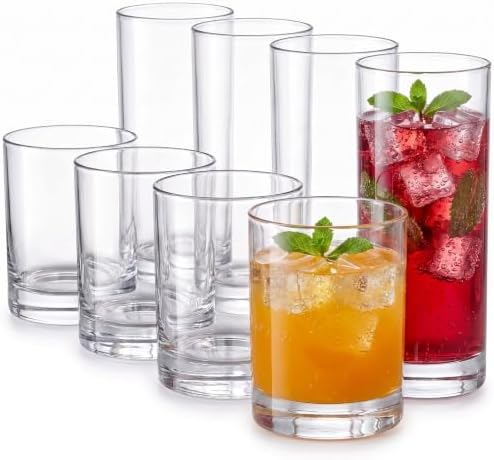 Meolibour® Acrylic Drinking Glasses Set of 8, 14oz Rocks & 20oz Water Cups, Unbreakable Plastic Drinkware, Clear Kitchen Tumblers for Home Outdoors