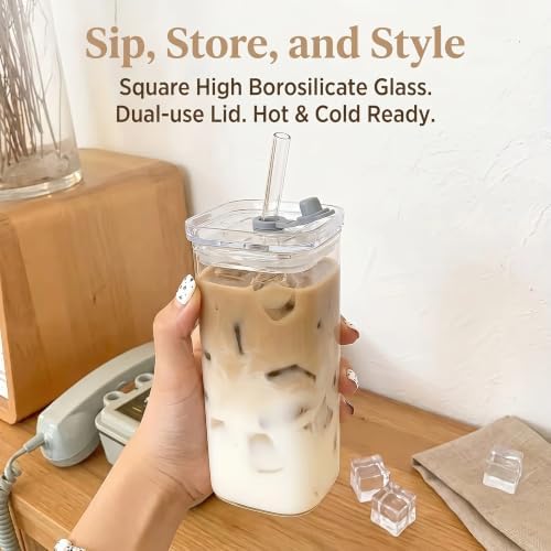 4Pcs 12oz Square Borosilicate Glass Cups with Lids BPA Free, Coffee Water Glass Tumblers with Brush