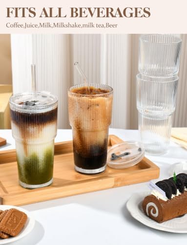 Amyoole 20 oz with Lids and Straws Ribbed Glass Cup Set of 4