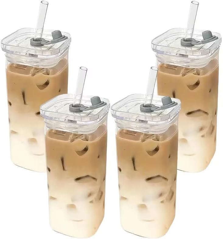 4Pcs 12oz Square Borosilicate Glass Cups with Lids BPA Free, Coffee Water Glass Tumblers with Brush