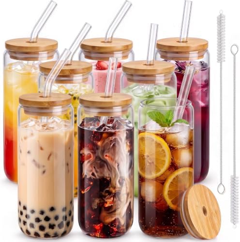 20 Oz Drinking Glasses - 8 Pcs Glass Cups with Bamboo Lids and Straws