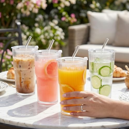 Wells 20oz Glass Cups with Lids and Straws, Ribbed Iced Coffee Cups, Thickened Drinking Glass Tumbler, Ideal for Coffee, Smoothies, Cocktails