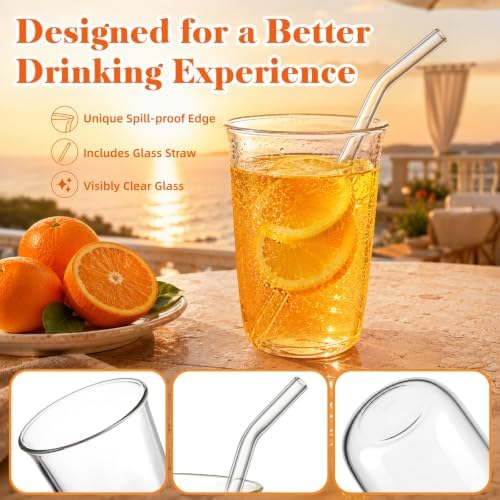 6 Pieces Drinking Glasses with Straw, 16 Oz Clear Water Glass Set