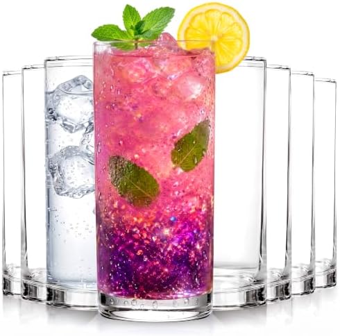 KICHLY Clear Plastic Highball Glasses, BPA Free Tall 16 Oz Tumblers, 8 Pack