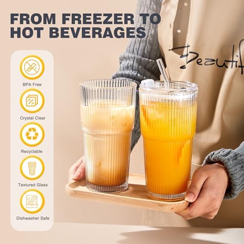Wells 20oz Glass Cups with Lids and Straws, Ribbed Iced Coffee Cups, Thickened Drinking Glass Tumbler, Ideal for Coffee, Smoothies, Cocktails