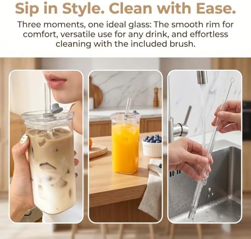 4Pcs 12oz Square Borosilicate Glass Cups with Lids BPA Free, Coffee Water Glass Tumblers with Brush