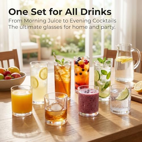 Meolibour® Acrylic Drinking Glasses Set of 8, 14oz Rocks & 20oz Water Cups, Unbreakable Plastic Drinkware, Clear Kitchen Tumblers for Home Outdoors