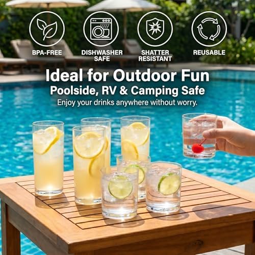 Meolibour® Acrylic Drinking Glasses Set of 8, 14oz Rocks & 20oz Water Cups, Unbreakable Plastic Drinkware, Clear Kitchen Tumblers for Home Outdoors