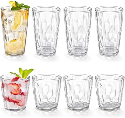Hedume Set of 8 Plastic Water Tumblers, 4 Pack 17-ounce and 4 Pack 10-ounce Transparent Drinking Glasses