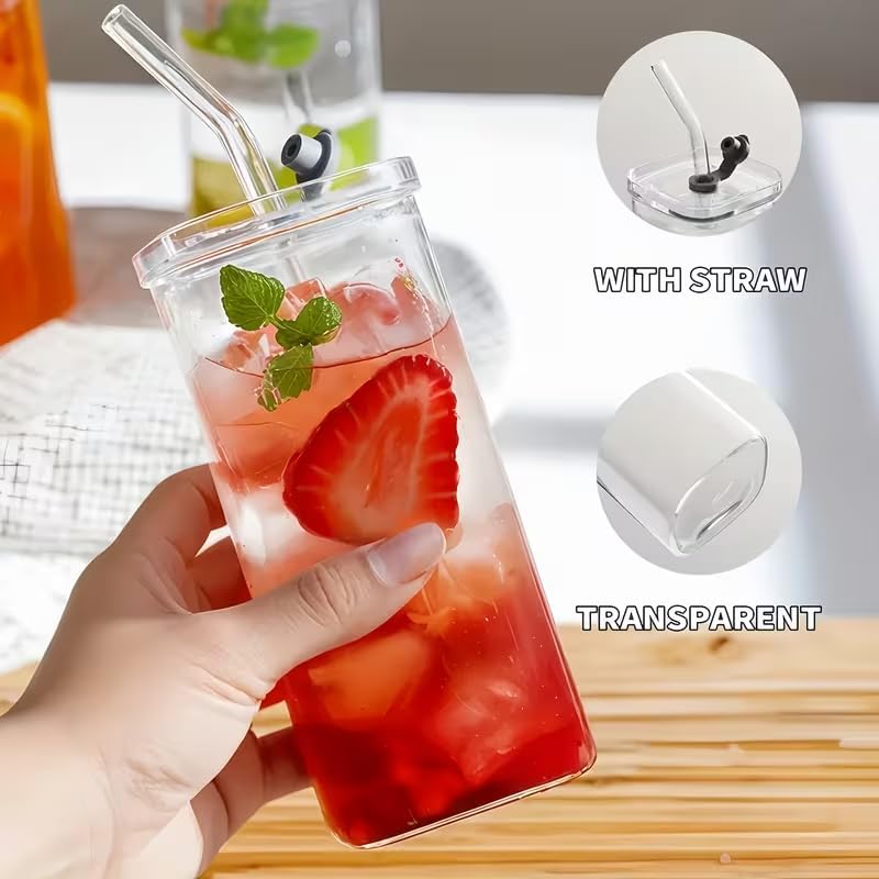 4Pcs 12oz Square Borosilicate Glass Cups with Lids BPA Free, Coffee Water Glass Tumblers with Brush