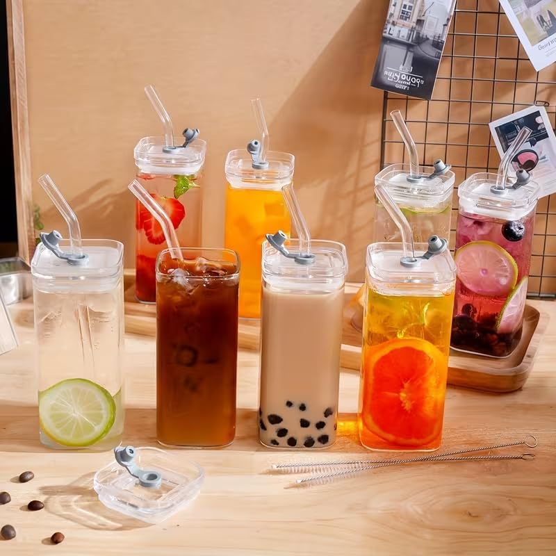 4Pcs 12oz Square Borosilicate Glass Cups with Lids BPA Free, Coffee Water Glass Tumblers with Brush