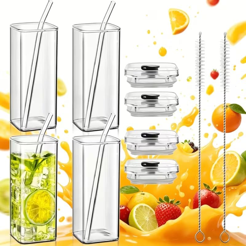 4Pcs 12oz Square Borosilicate Glass Cups with Lids BPA Free, Coffee Water Glass Tumblers with Brush