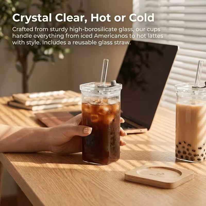 4Pcs 12oz Square Borosilicate Glass Cups with Lids BPA Free, Coffee Water Glass Tumblers with Brush