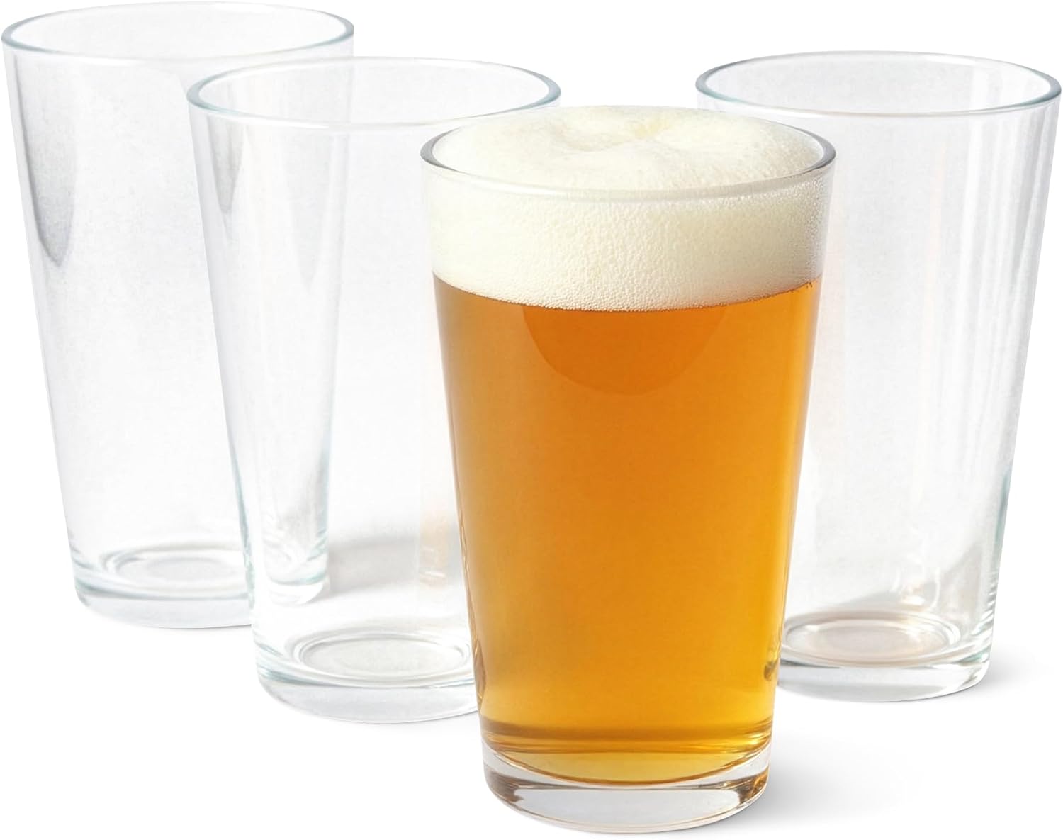 Amazon Basics Pint Glasses Set Of 4, 16 Oz Thick Clear Beer Drinking Glass, for Home Bar & Entertaining, Dishwasher-Safe