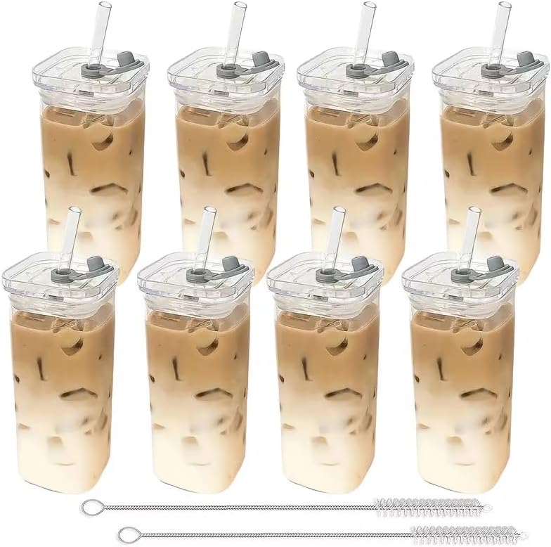 4Pcs 12oz Square Borosilicate Glass Cups with Lids BPA Free, Coffee Water Glass Tumblers with Brush