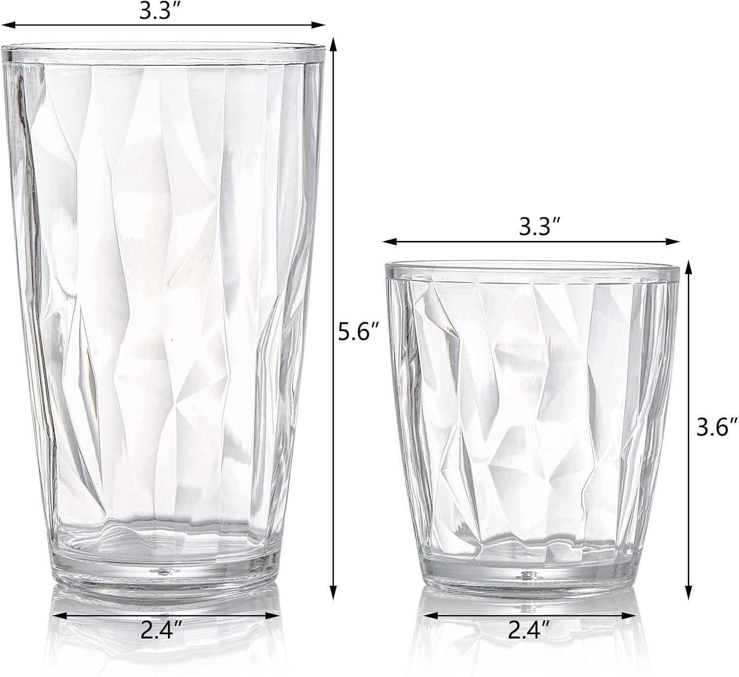 Hedume Set of 8 Plastic Water Tumblers, 4 Pack 17-ounce and 4 Pack 10-ounce Transparent Drinking Glasses