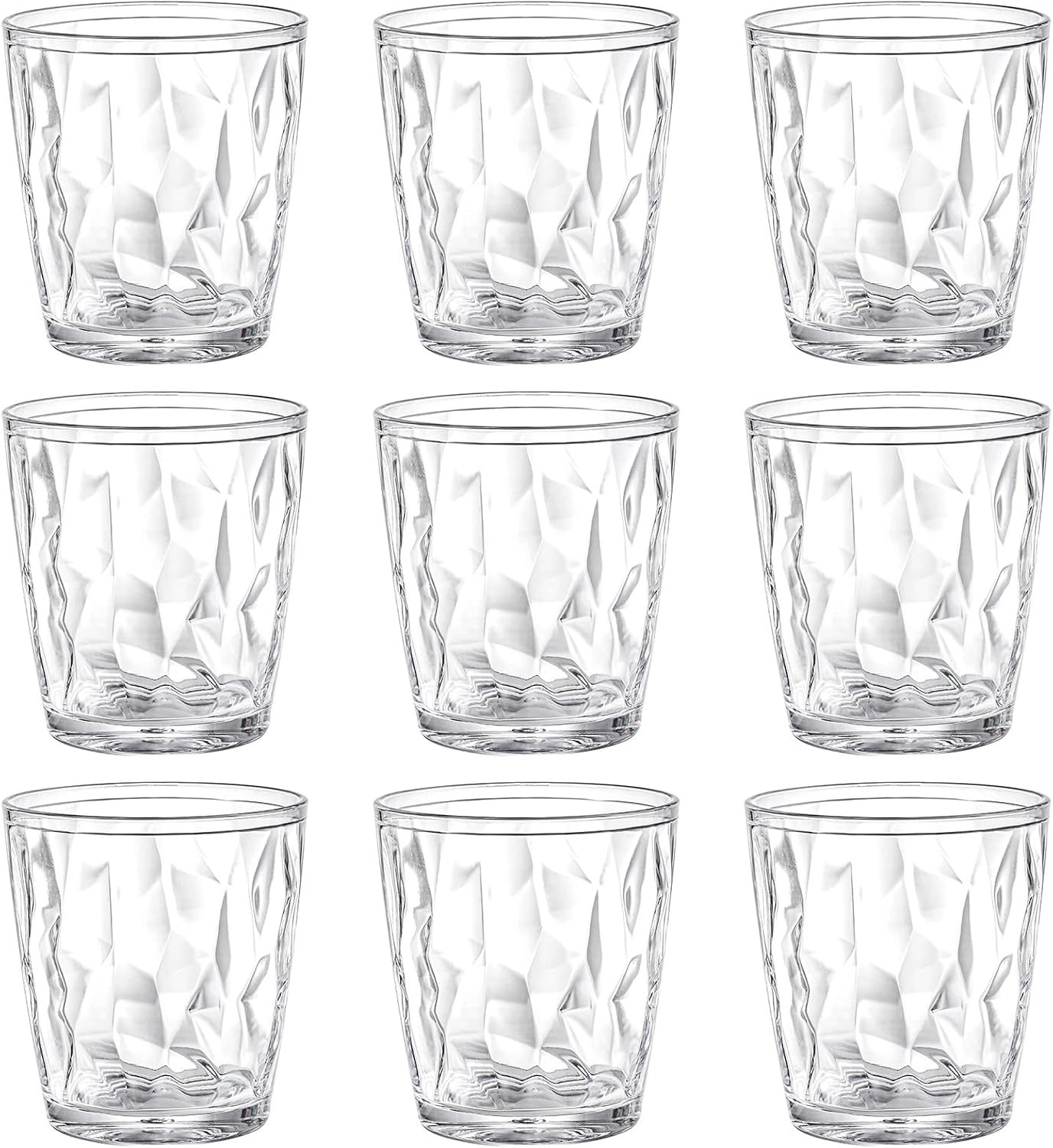 Hedume 9 Pack 10-ounce Plastic Water Tumblers, Transparent Drinking Glasses, Clear Acrylic Reusable Juice Wine Cups Stackable for Home, Picnic Party