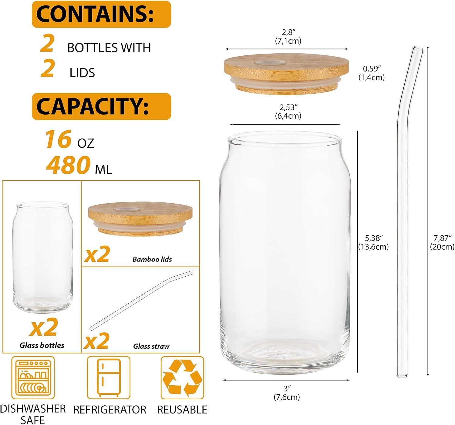 Glass Cups with Lids and Straws, 16 Oz - Set of 2 Reusable Iced Cold Coffee Tumblers - Clear Glass Bottle for Water with Bamboo Lids