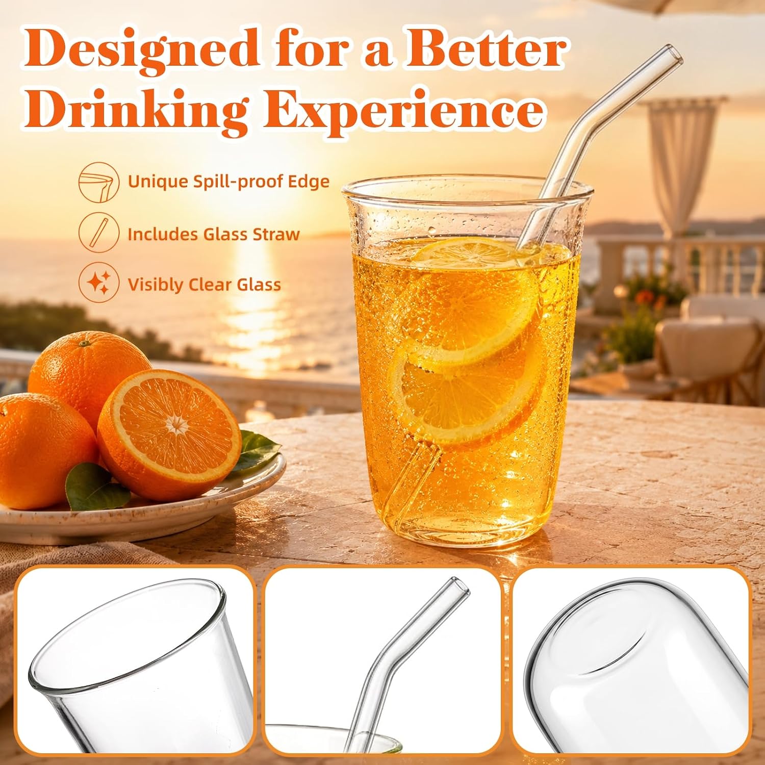 6 Pieces Drinking Glasses with Straw, 16 Oz Clear Water Glass Set