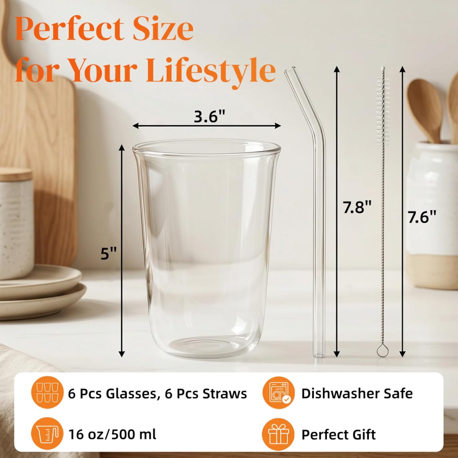 6 Pieces Drinking Glasses with Straw, 16 Oz Clear Water Glass Set