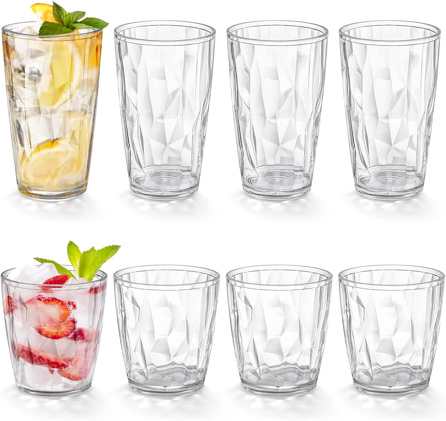 Hedume Set of 8 Plastic Water Tumblers, 4 Pack 17-ounce and 4 Pack 10-ounce Transparent Drinking Glasses