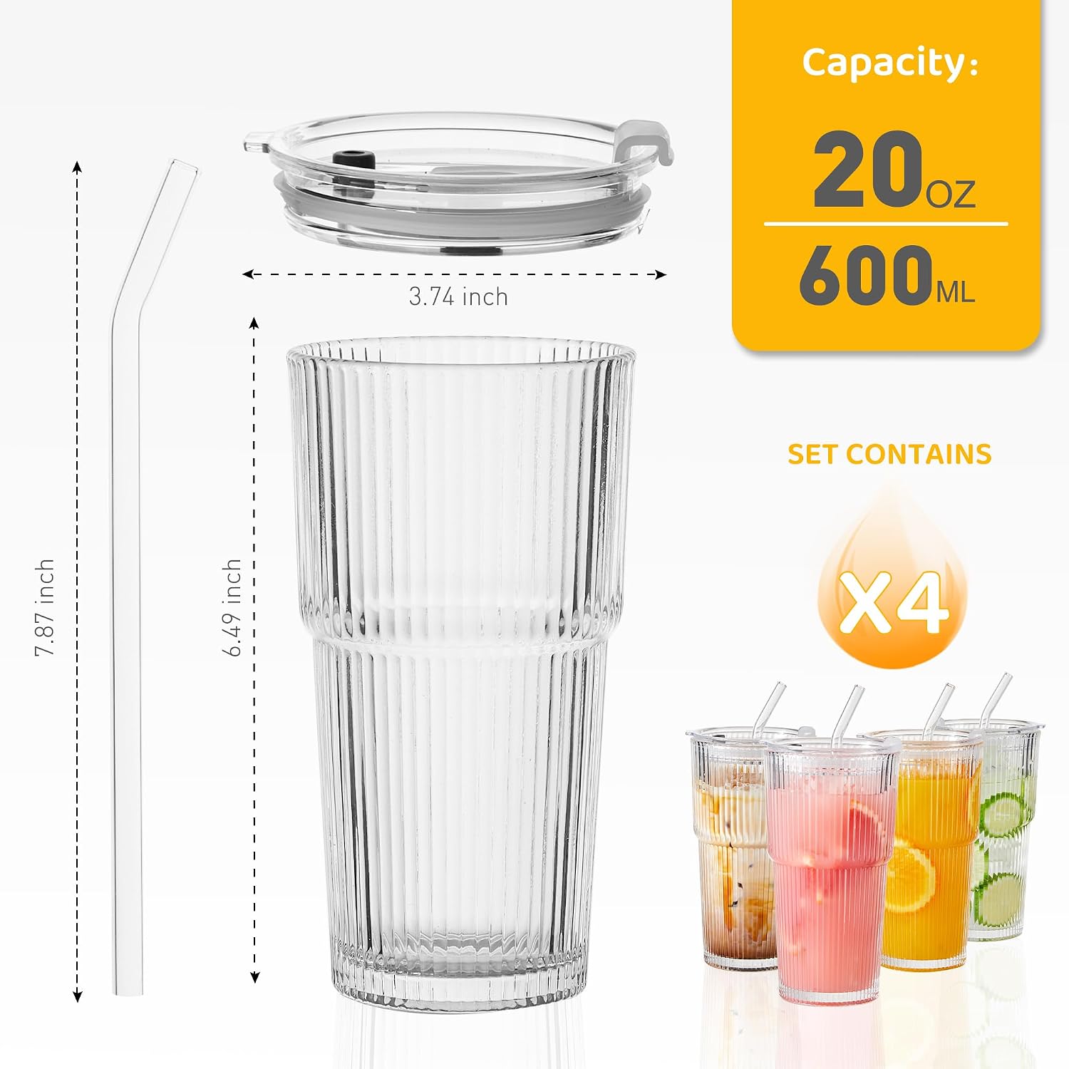 Wells 20oz Glass Cups with Lids and Straws, Ribbed Iced Coffee Cups, Thickened Drinking Glass Tumbler, Ideal for Coffee, Smoothies, Cocktails