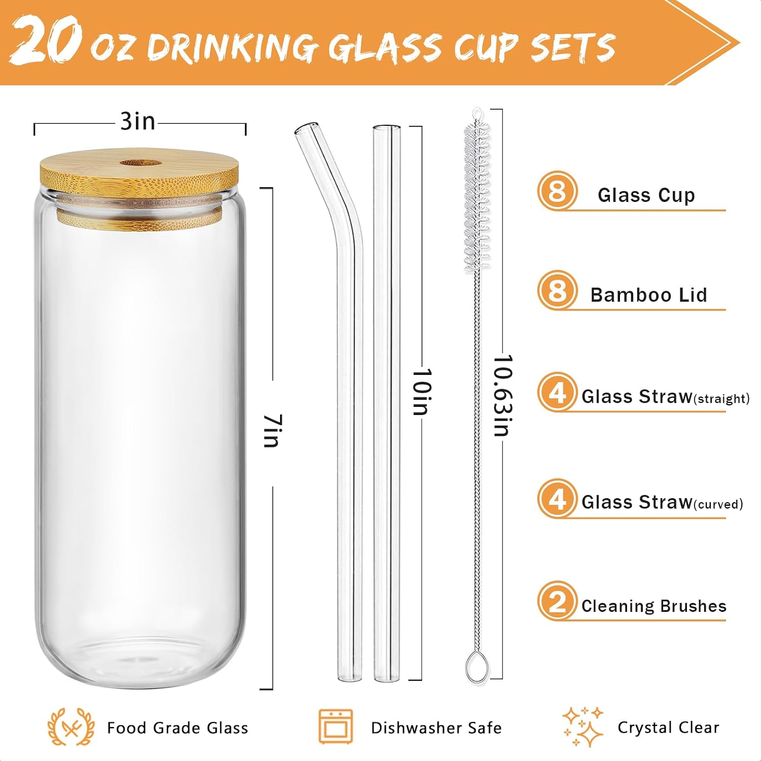 20 Oz Drinking Glasses - 8 Pcs Glass Cups with Bamboo Lids and Straws