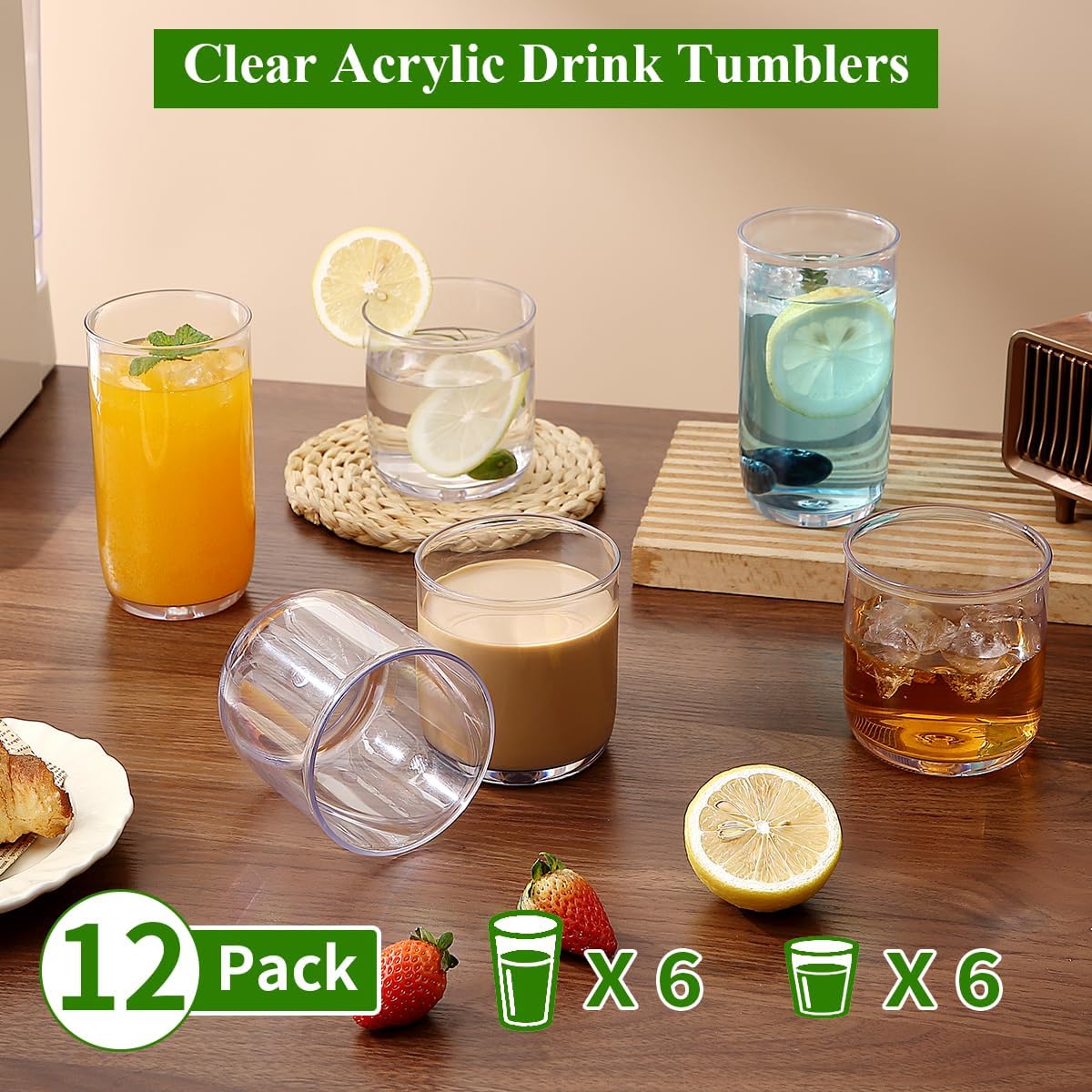 Kyraton Drinking Glasses Set of 12, PET Clear Plastic Highball Glasses 14oz & Whisky Cocktail Glasses Set 11.5oz
