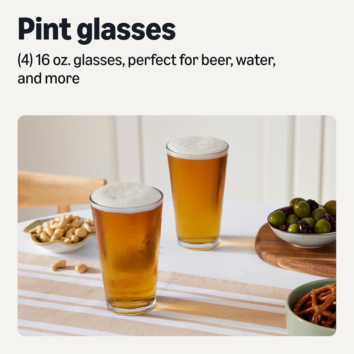 Amazon Basics Pint Glasses Set Of 4, 16 Oz Thick Clear Beer Drinking Glass, for Home Bar & Entertaining, Dishwasher-Safe