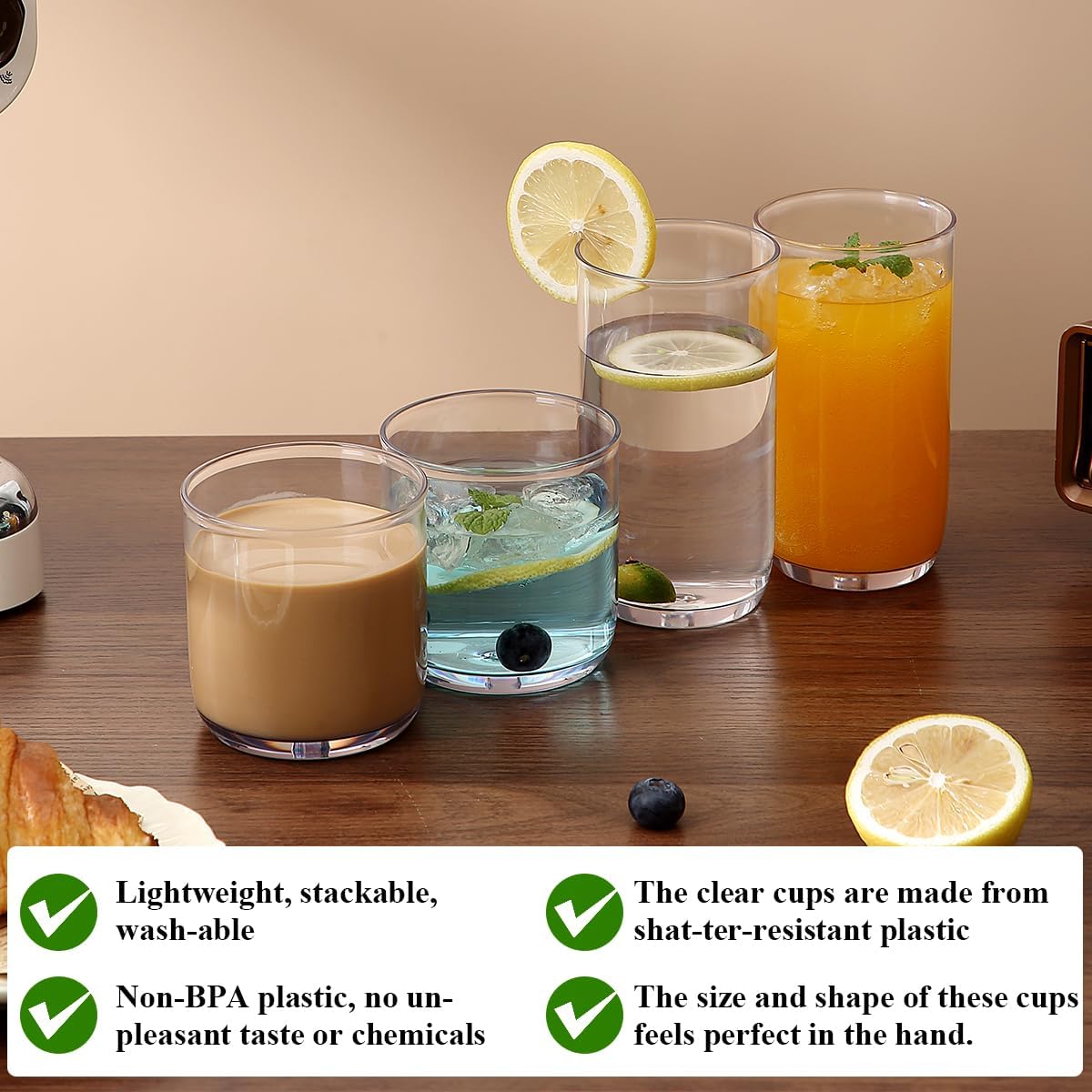 Kyraton Drinking Glasses Set of 12, PET Clear Plastic Highball Glasses 14oz & Whisky Cocktail Glasses Set 11.5oz