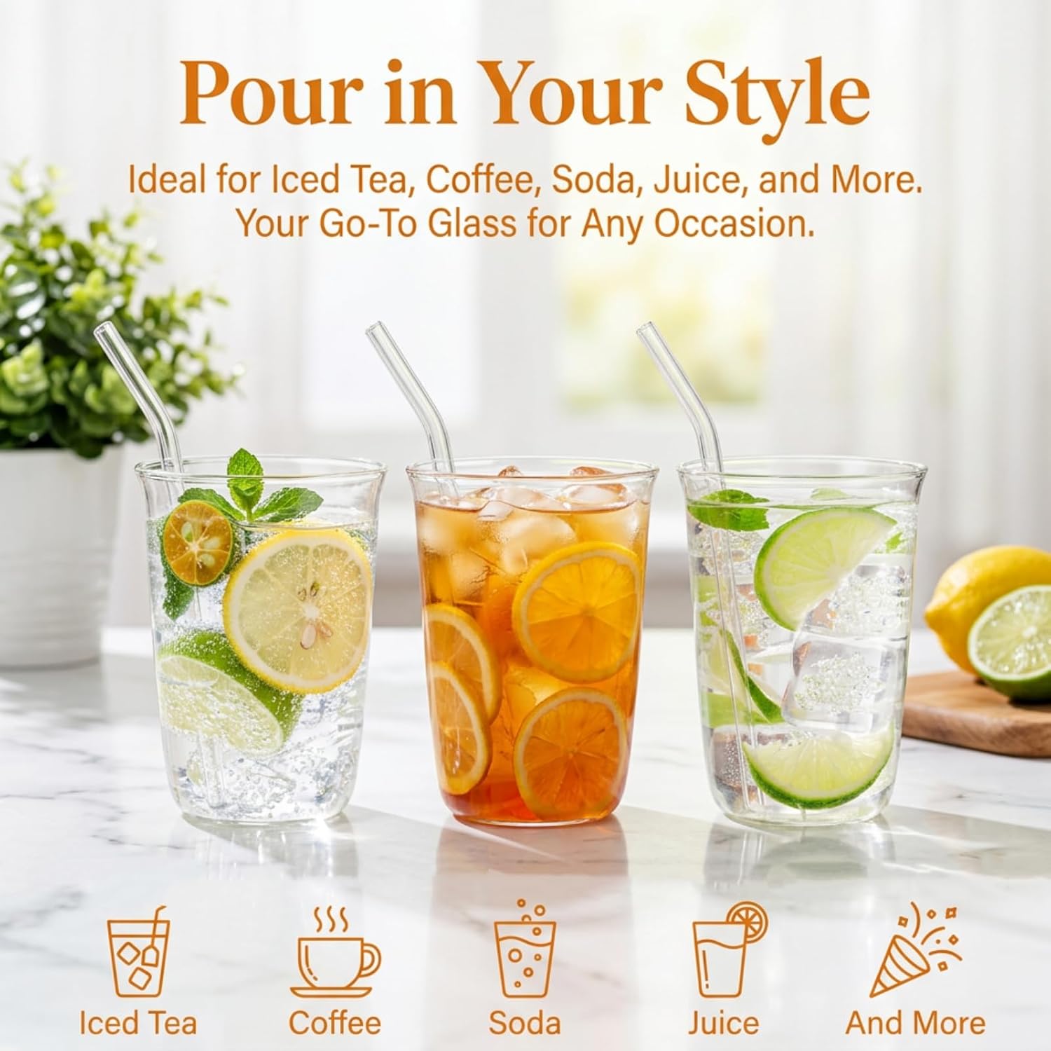 6 Pieces Drinking Glasses with Straw, 16 Oz Clear Water Glass Set