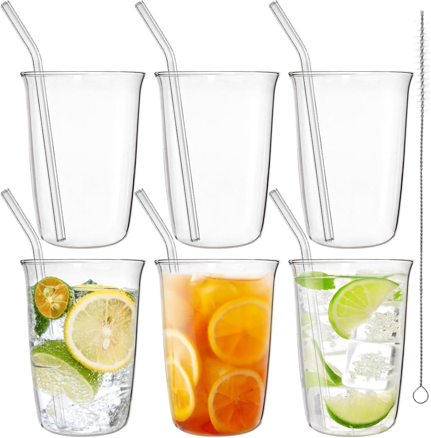 6 Pieces Drinking Glasses with Straw, 16 Oz Clear Water Glass Set
