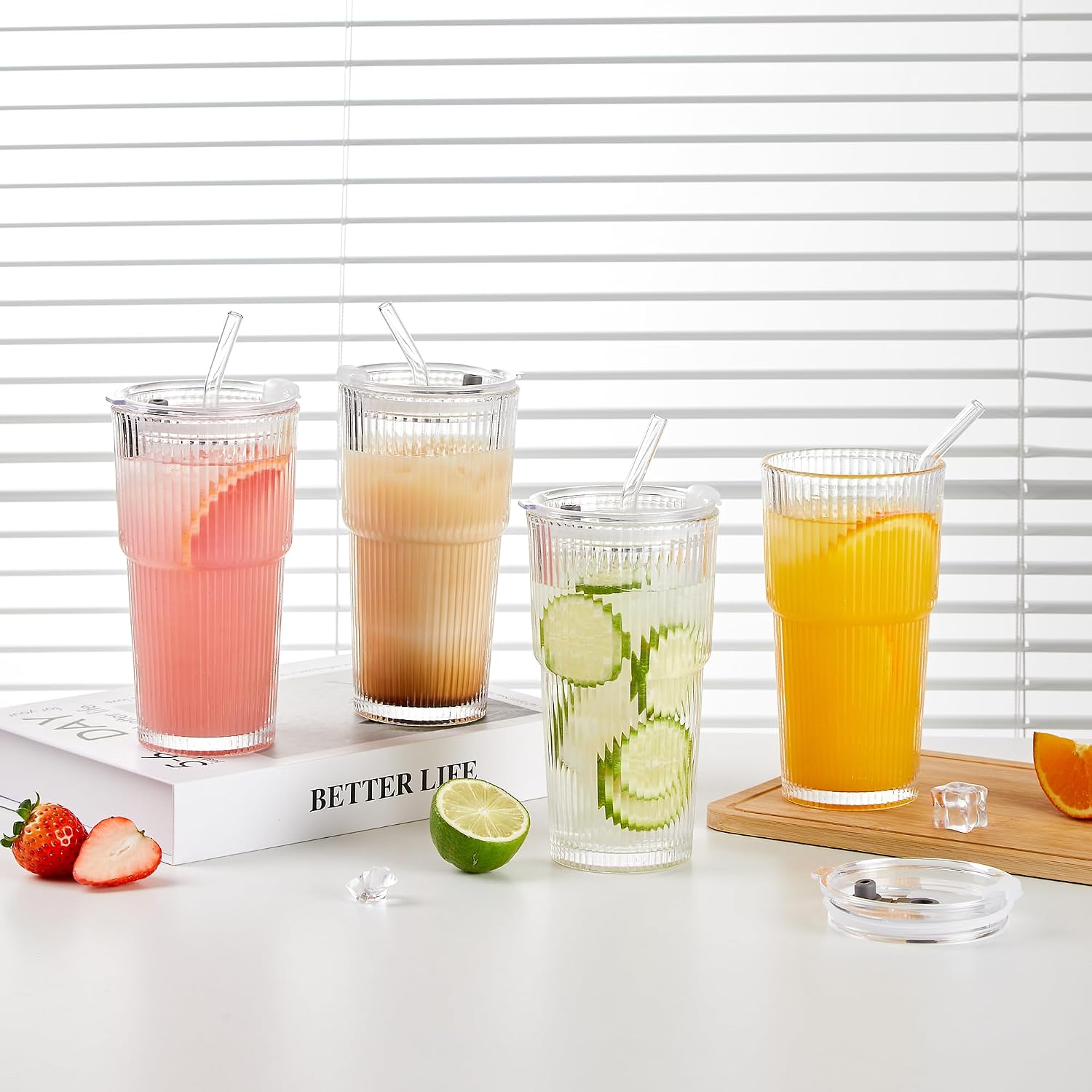 Wells 20oz Glass Cups with Lids and Straws, Ribbed Iced Coffee Cups, Thickened Drinking Glass Tumbler, Ideal for Coffee, Smoothies, Cocktails