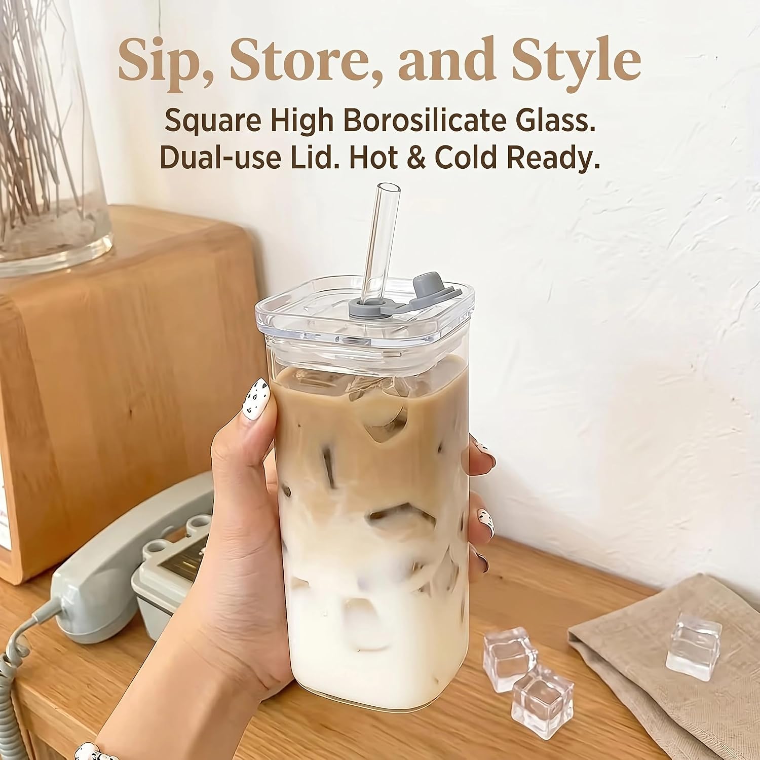 4Pcs 12oz Square Borosilicate Glass Cups with Lids BPA Free, Coffee Water Glass Tumblers with Brush