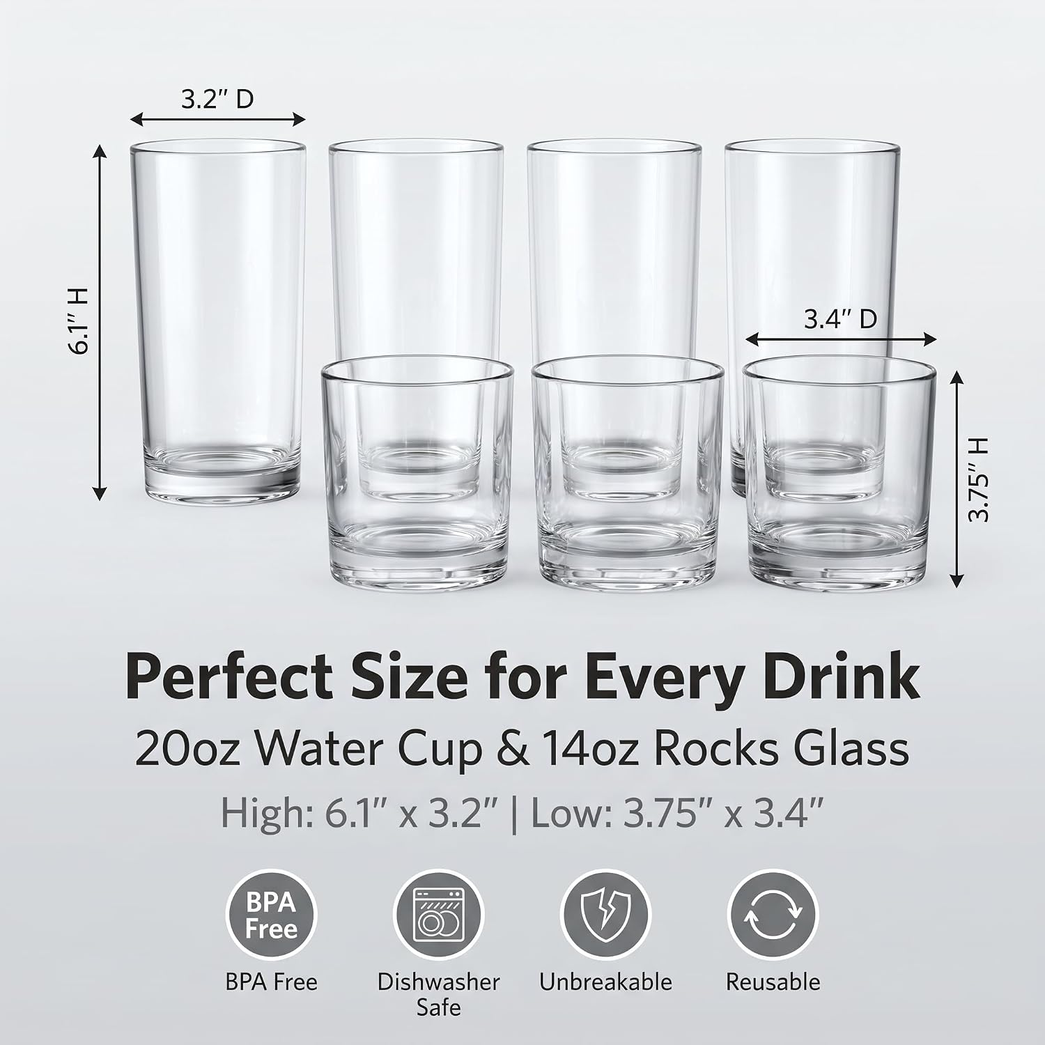 Meolibour® Acrylic Drinking Glasses Set of 8, 14oz Rocks & 20oz Water Cups, Unbreakable Plastic Drinkware, Clear Kitchen Tumblers for Home Outdoors