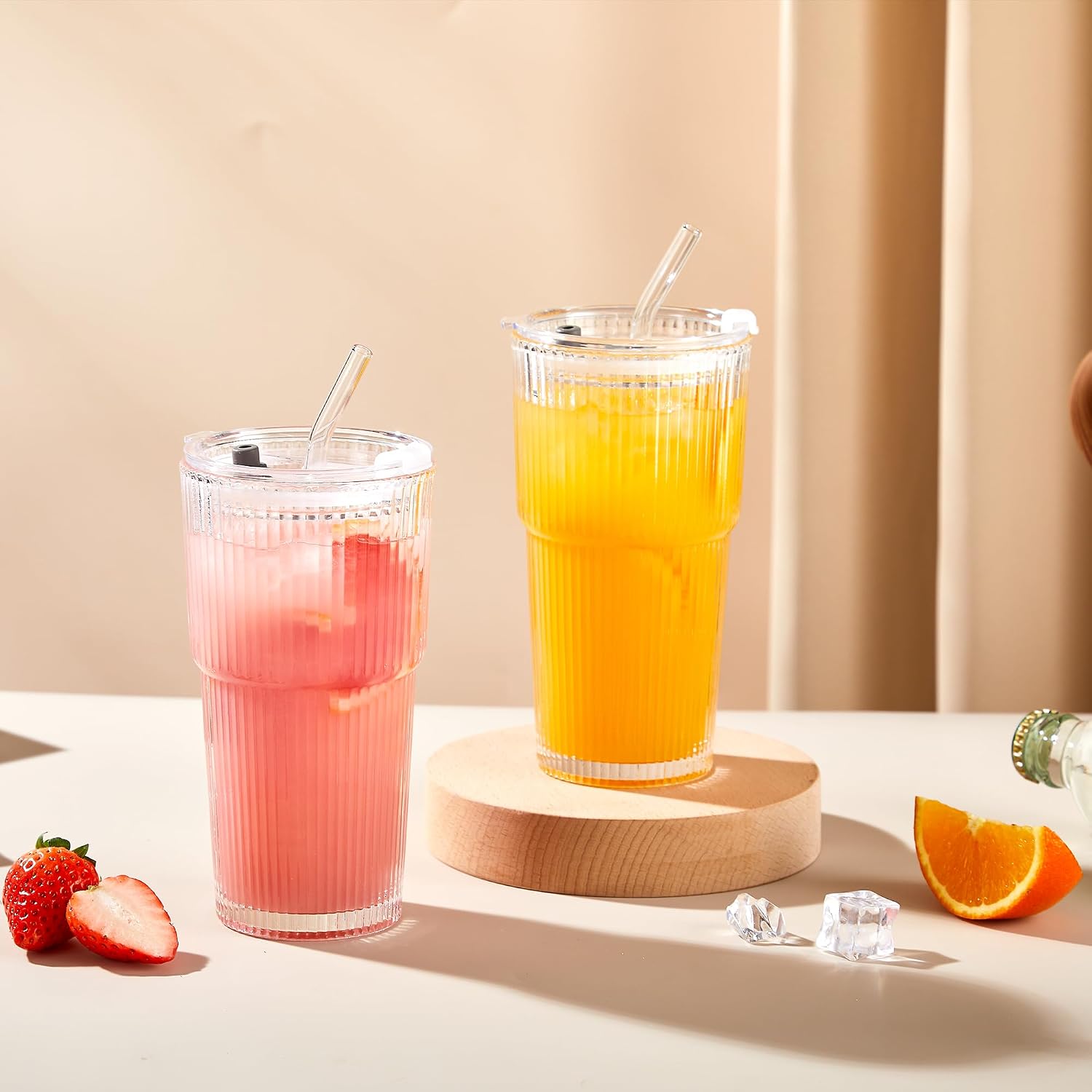 Wells 20oz Glass Cups with Lids and Straws, Ribbed Iced Coffee Cups, Thickened Drinking Glass Tumbler, Ideal for Coffee, Smoothies, Cocktails