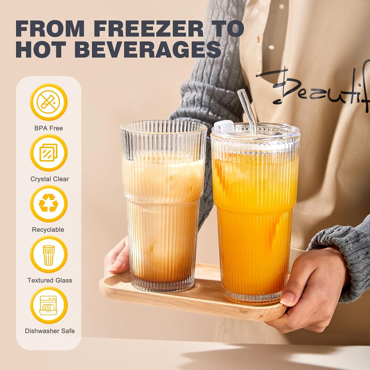 Wells 20oz Glass Cups with Lids and Straws, Ribbed Iced Coffee Cups, Thickened Drinking Glass Tumbler, Ideal for Coffee, Smoothies, Cocktails