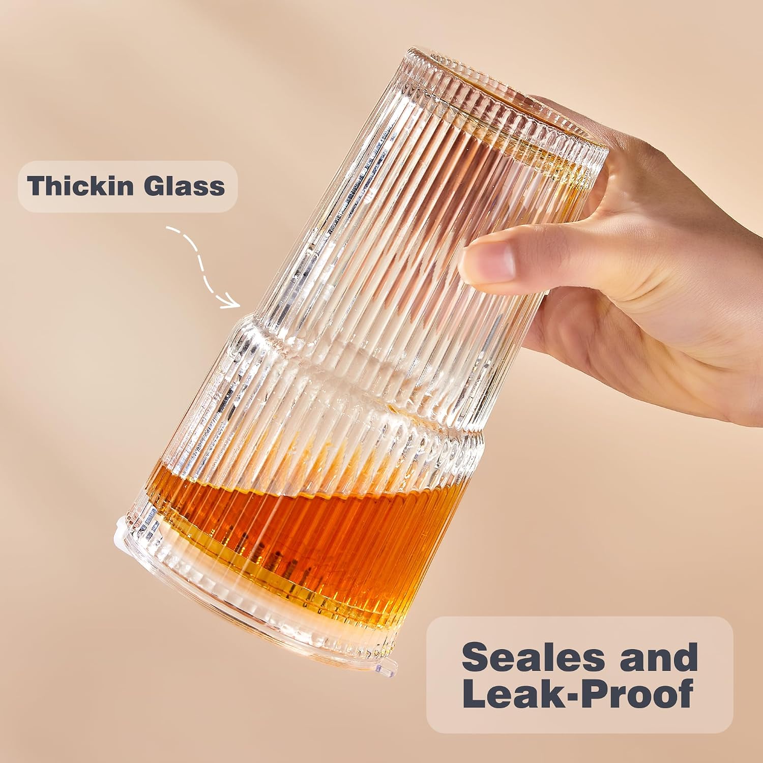 Wells 20oz Glass Cups with Lids and Straws, Ribbed Iced Coffee Cups, Thickened Drinking Glass Tumbler, Ideal for Coffee, Smoothies, Cocktails