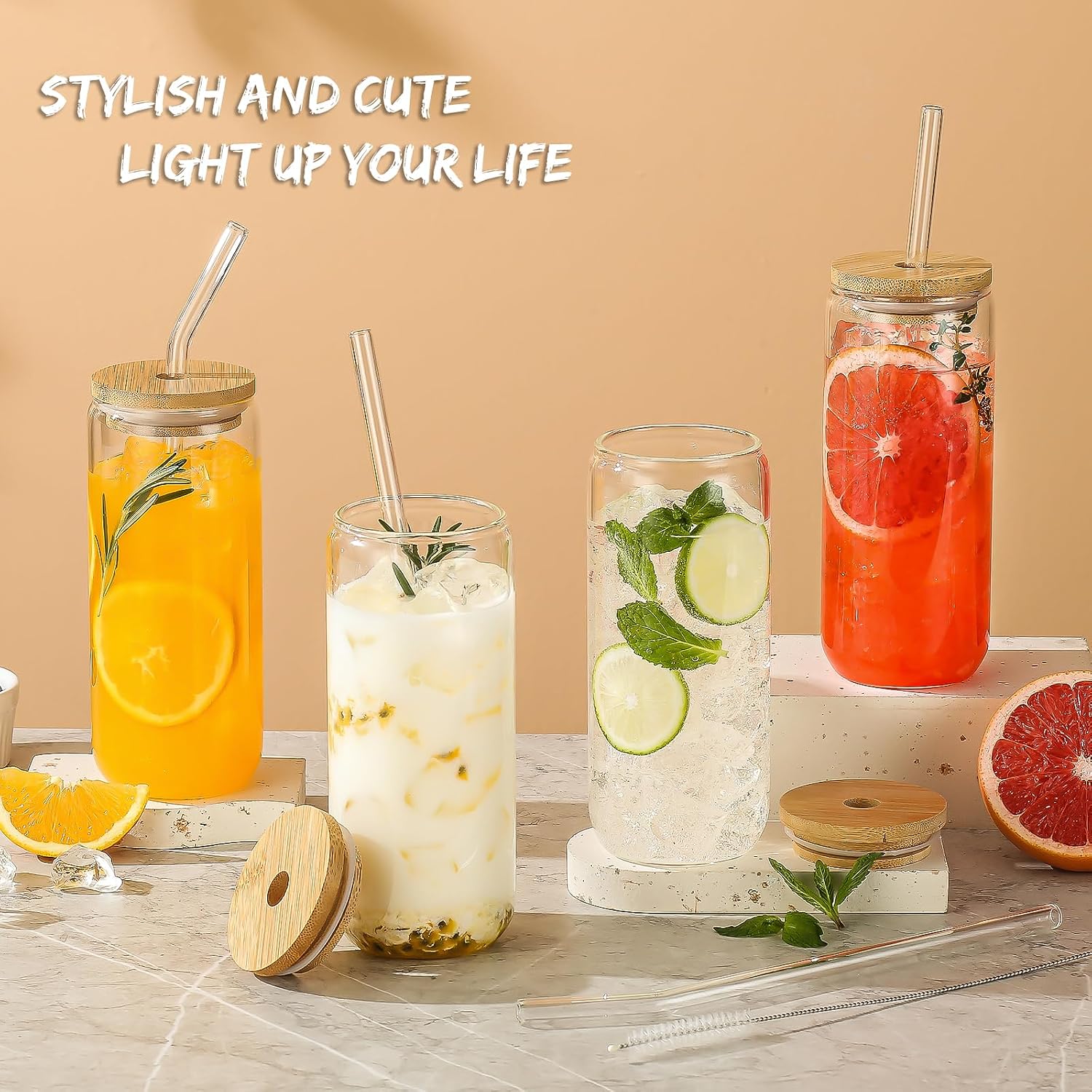 20 Oz Drinking Glasses - 8 Pcs Glass Cups with Bamboo Lids and Straws