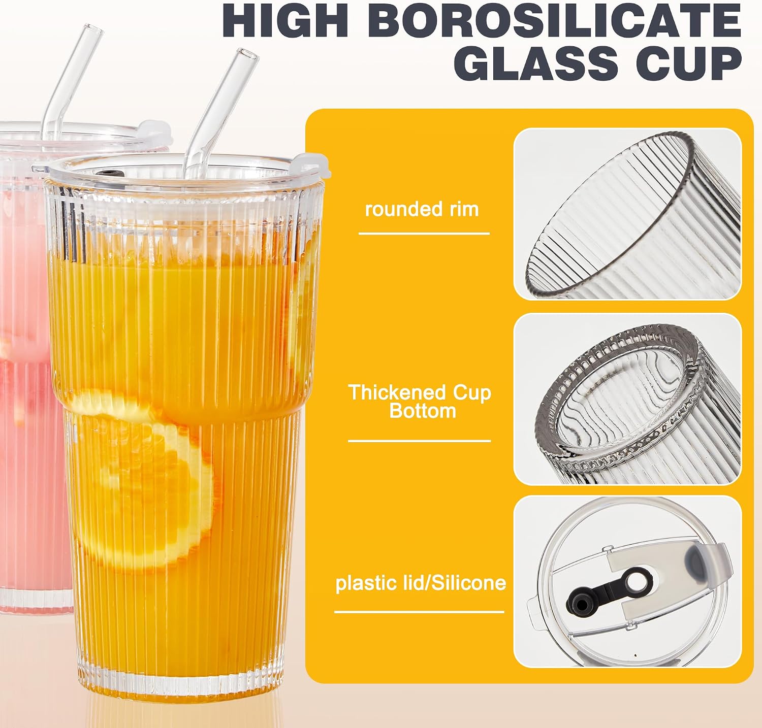 Wells 20oz Glass Cups with Lids and Straws, Ribbed Iced Coffee Cups, Thickened Drinking Glass Tumbler, Ideal for Coffee, Smoothies, Cocktails