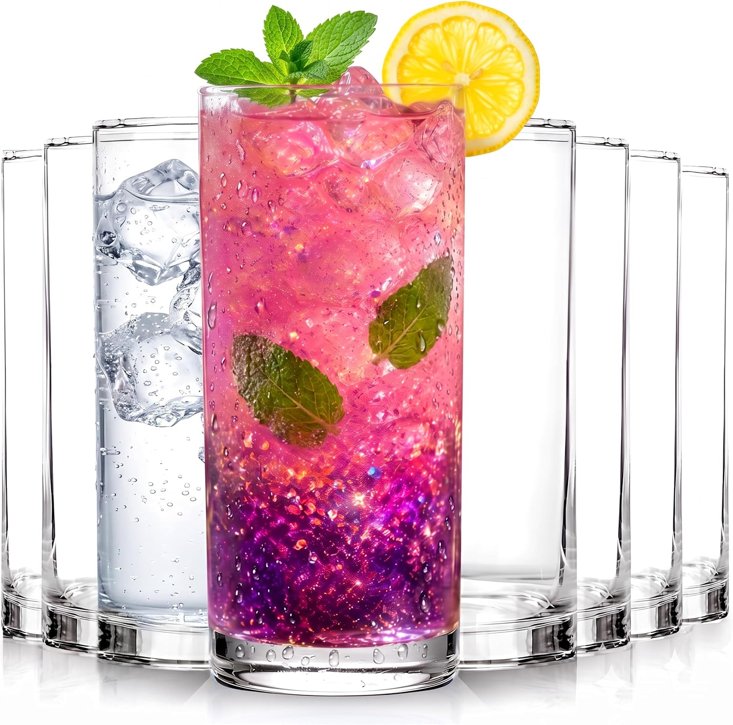 KICHLY Clear Plastic Highball Glasses, BPA Free Tall 16 Oz Tumblers, 8 Pack